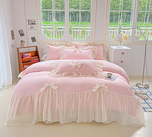 Chic Lace Bedding,Girls Twin Aesthetic Comforter Cover Set,Romantic French Princess Style Ruffled Duvet Cover with Lovely Bow with Zipper Closure-Pink,Twin Size