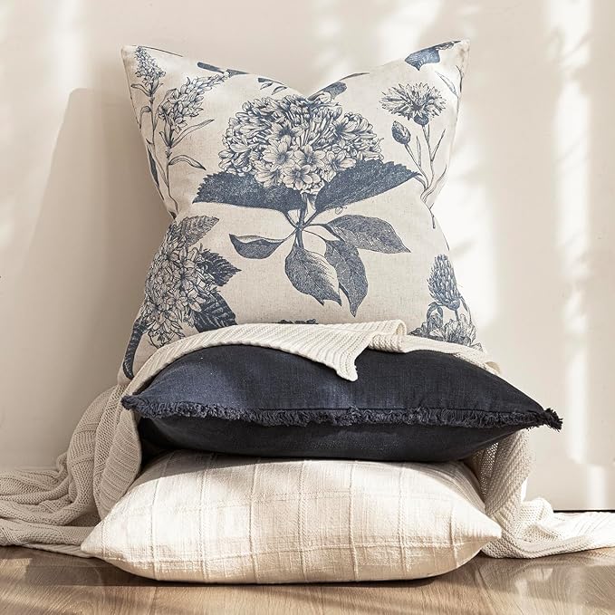 Foindtower Set of 2 Linen Floral Vintage Throw Pillow Covers Neutral Accent Print Decorative Cushion Covers Farmhouse Boho Home Decor for Sofa Chair Couch Bedroom Living Room,24×24 Inch,Blue