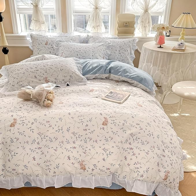 VM VOUGEMARKET Kids Comforter Set Full with Ruffles Botanical Rabbit Prints Bed Comforter with 2 Pillow Shams Lightweight Farmhouse Flower Quilt Set(3pcs,Full)