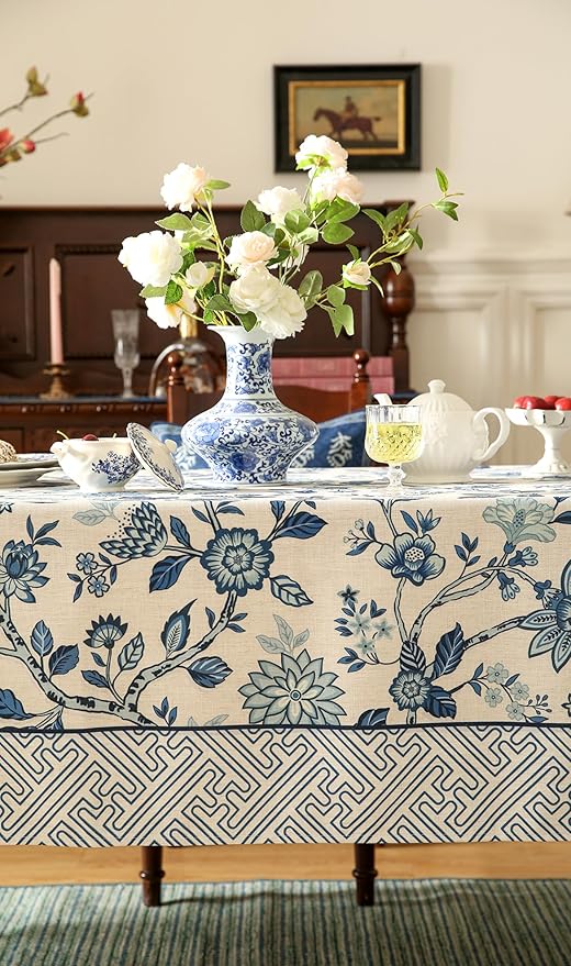 Vintage Blue and White Extra Long Rectangle Tablecloth,French Linen Floral Wrinkle Free Tablecloths,Decor Table Cover for Kitchen,Dining,Party,Thanksgiving,Christmas,67"*118"-Suqing
