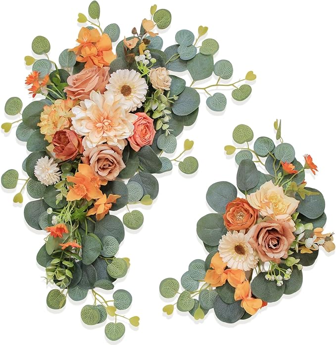 Artificial Wedding Arch Flowers for Wedding Sign,Set of 2 for Wedding Welcome Ceremony Sign,Faux Floral Swags,Wedding, Banquet and Reception Backdrop Floral Decoration (Orange)