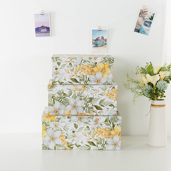 Soul & Lane Garden Glory Decorative Boxes with Lids - Set of 3: Floral Photo Storage, Stackable Small Home Decor Boxes, Nesting Gift Cartons, Boho Print Mache Containers, Cardboard Document Storage