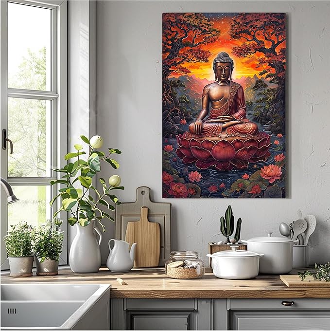 Golden Buddha on lotus seat serene meditation statue amidst lush trees flowing water and sunrise light spiritual home art for a tranquil decor 12x18in Wood Framed