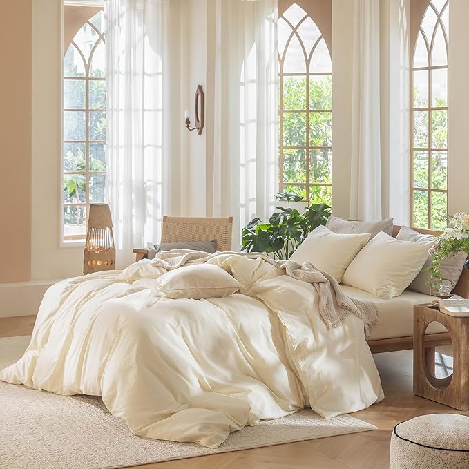 MooMee Bedding Duvet Cover Set 100% Washed Cotton Linen Like Textured Breathable Durable Soft Comfy (Solid Cream White, Palatial King/Oversized King 120"x98")