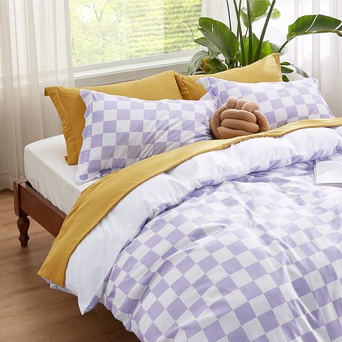 Bedsure Duvet Cover Queen Size - Reversible Checkered Duvet Cover Set with Zipper Closure, 3 Pieces Purple Bedding Set with 8 Corner Ties and 2 Pillow Shams 20"x26"