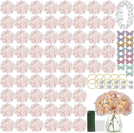 64PCS Artificial Hydrangea Flowers with Stems, Silk Hydrangea Heads with LED Decorative Lights, Crystal Strings & Butterfly Accents for Wedding Centerpieces and Home Decor(64, Pink)