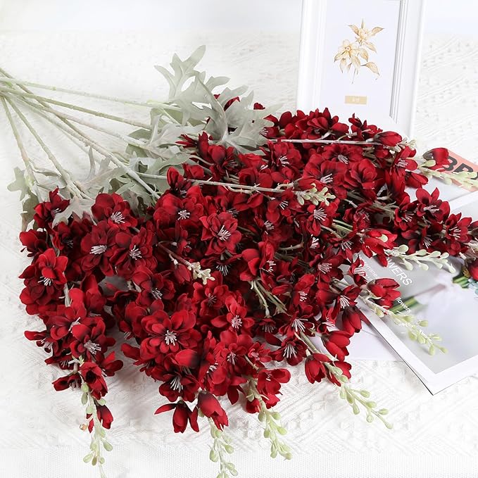 8pcs Red Delphinium Artificial Flowers 33.5in Long Stem Larkspur Fake Silk Flowers for Tall Vase Faux Flowers for Home Wedding Baby Shower Floral Arrangement Centerpiece Table Decor (Dark Red)