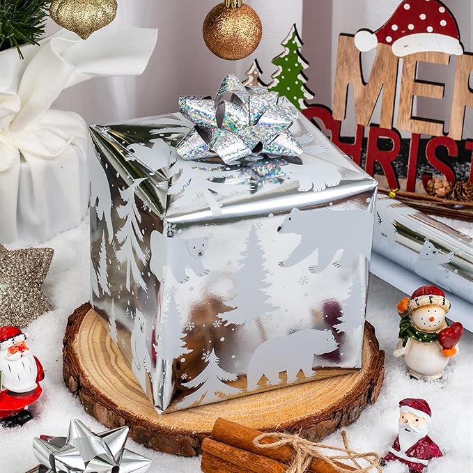 MAYPLUSS Foil Gift Wrapping paper Roll - 17 Inch X 33 Feet - Elegant Silver Christmas Seasonal Festive Gift Wrap Bear w/Glossy Foil-Like Shine Pattern for Christmas, Holiday, Birthday and Art Crafts
