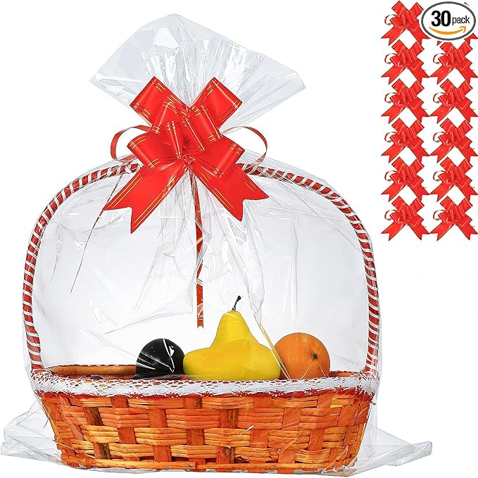 30 Packs 32 x 40 Inches Extra-large Gift Wrap Cellophane Bags for Basket Jumbo Clear Cellophane Wraps Clear Huge Cello Bags for Basket, Gift, Christmas Tree, Treat, Art and Craft, 30ct Red Ribbon Bows