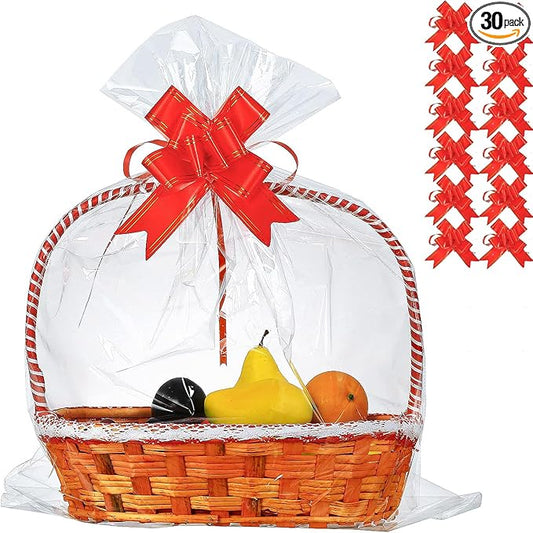30 Packs 32 x 40 Inches Extra-large Gift Wrap Cellophane Bags for Basket Jumbo Clear Cellophane Wraps Clear Huge Cello Bags for Basket, Gift, Christmas Tree, Treat, Art and Craft, 30ct Red Ribbon Bows