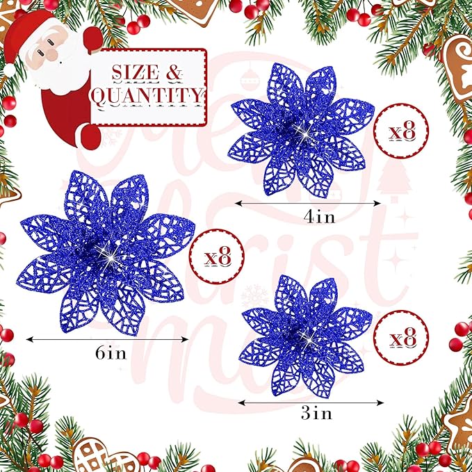 Boao Cobalt Blue 24 Pieces Poinsettia Flower Christmas Glitter Artificial Poinsettia with Clips Christmas Tree Ornament Decorations for DIY Xmas Wreath Holiday Home Party Decor, 3/4/6 Inches