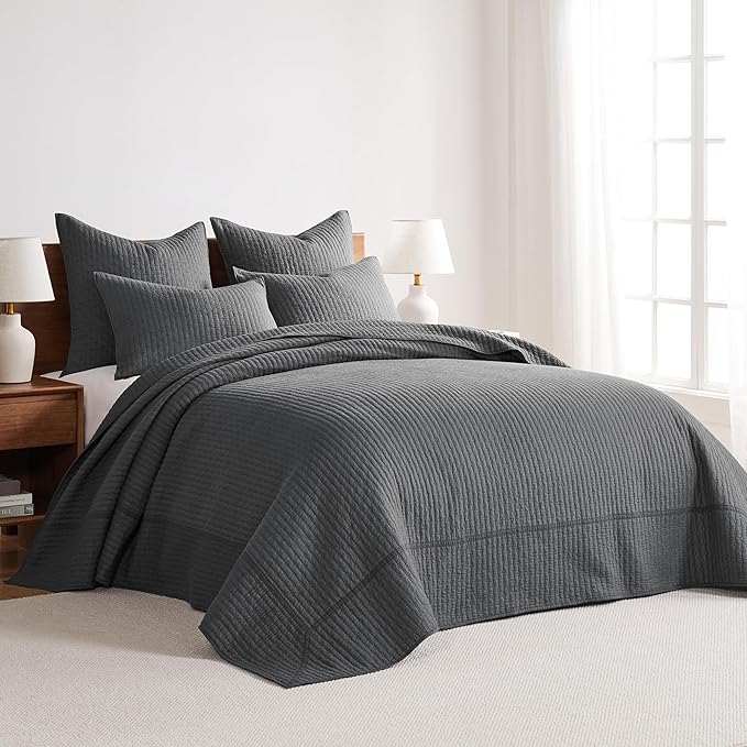 Levtex Home Cross Stitch Reversible Full Bedspread Set (100x104in) with 2 Pillow Shams (26x20in) - Stitch Texture - Charcoal - Cotton Full Size Bedspread Set - Lightweight, Soft, Pre-Washed