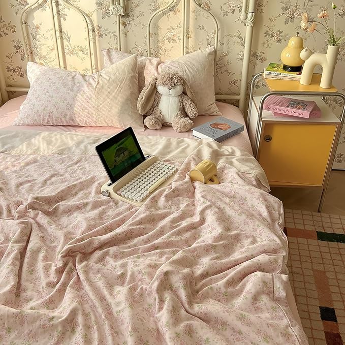 LifeTB Pink Floral Duvet Cover Twin Romantic Lace Bedding Set Garden Style Cottagecore Flower Duvet Cover with Zipper Closure Soft Washed Microfiber Botanical Comforter Cover for Teen Girls
