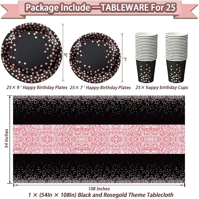 295 Pcs Black And Rose Gold Birthday Decorations, Birthday Decorations for Women or Girl Kit- Disposable Dinnerware Set with 25 Guest, Balloons, Sash, Tiara, Banner, Paper Pom Poms