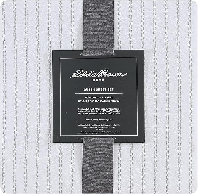 Eddie Bauer - Flannel Sheets Queen Size, Anti-Pilling & Wrinkle Resistant Cotton, Touchably Soft for All-Season Comfort - Bed Sheets with Matching Pillowcases & Fitted Sheet (Trail Stripe Grey)