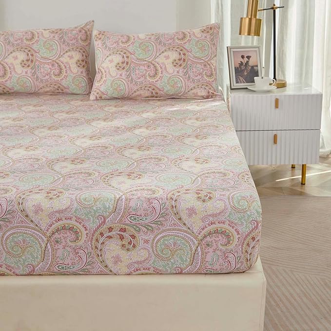Brandream Bed Sheet King Size Boho Paisley Bedding Pink Watercolor Farmhouse Sheets Set Luxury Bedding Collections 800 Thread Count 100% Egyptian Cotton Deep Pocket, 4 Piece