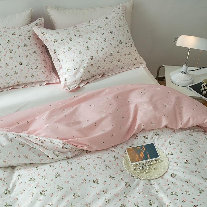 EAVD Vintage Style Garden Floral Duvet Cover King Size 100% Cotton White Pink Botanical Pattern Bedding Set with 2 Pillowcases Boho Fresh Aesthetic Floral Comforter Cover with Zipper Closure
