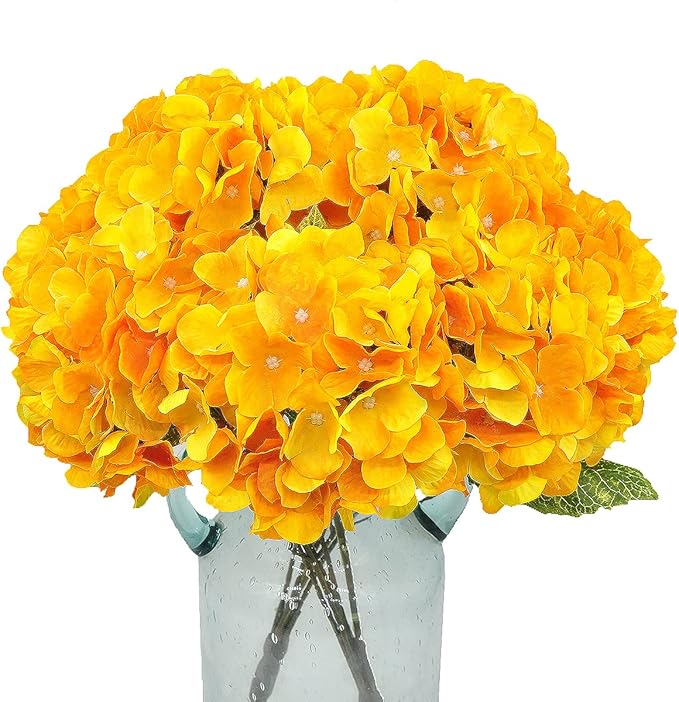 2Bouquets Artificial Fake Flowers Plants Silk Hydrangea Arrangements Wedding Bouquets Decorations Plastic Floral Home Kitchen Garden Party Festival Bar DIY(Yellow,5 Flower Heads)