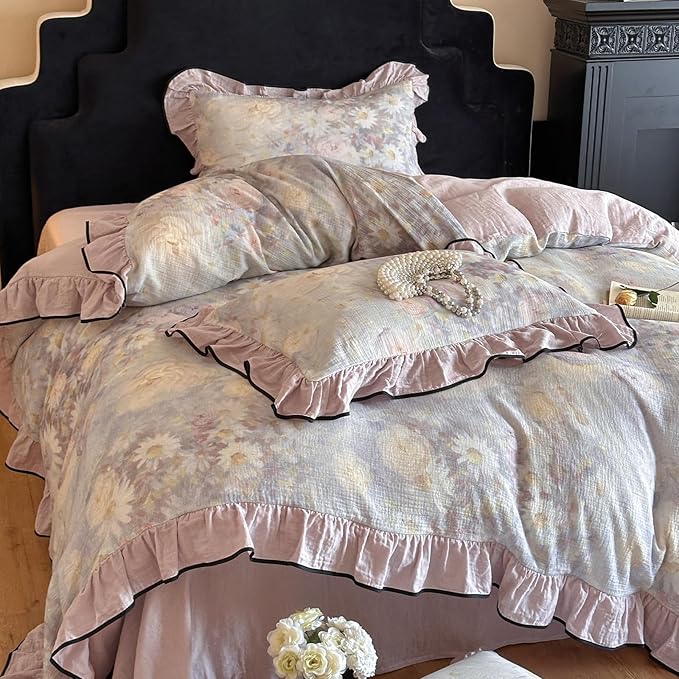 HighBuy Ruffle Floral Linen Duvet Cover Twin Size,Chic Cottagecore Pure French Yarn-Dyed Cotton Linen Comforter Cover Set 3 Piece Coquette Farmhouse Bedding for Teen College,Breathable Durable