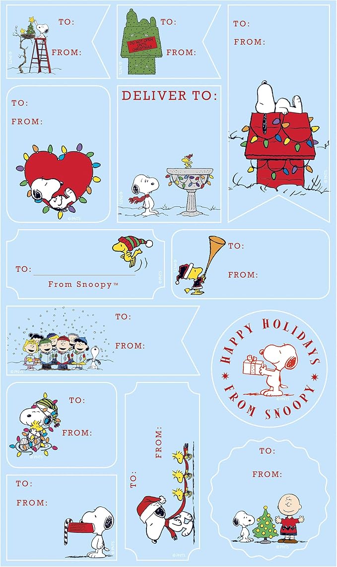 Graphique Peanuts™ Gift Labels | 52 Self-Adhesive Christmas Stickers | 13 Designs with Red Foil Accents | to and from Names | for Holiday Wrapping Paper & Gift Bags