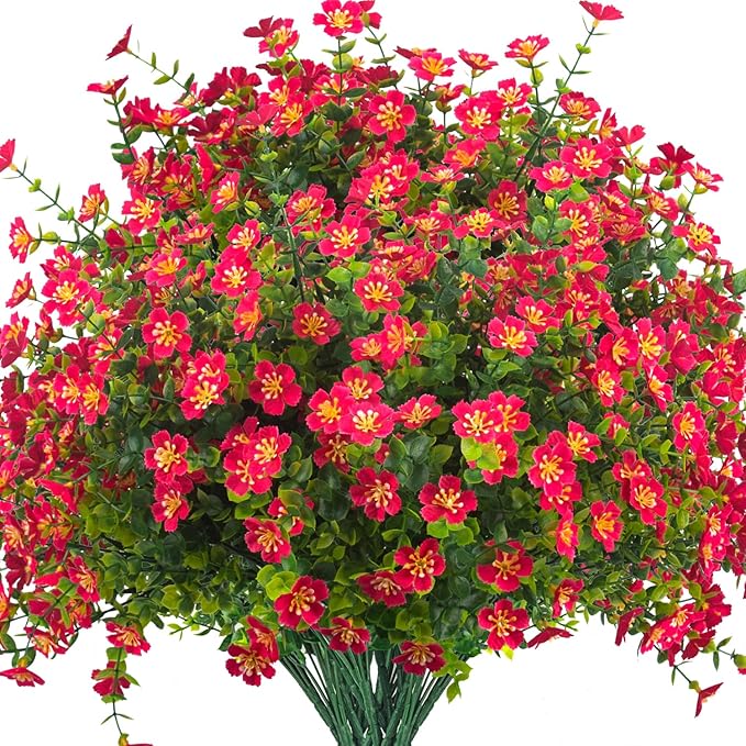 Outdoor Artificial Flowers UV Resistant & Fade Proof, 12 Pack Realistic Fake Flowers for Garden, Patio, Lawn Decor - Weatherproof Plastic Plants (Rose Red)