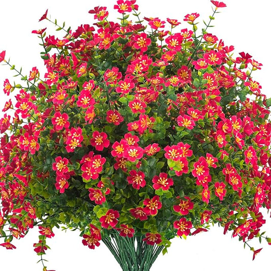 Outdoor Artificial Flowers UV Resistant & Fade Proof, 12 Pack Realistic Fake Flowers for Garden, Patio, Lawn Decor - Weatherproof Plastic Plants (Rose Red)
