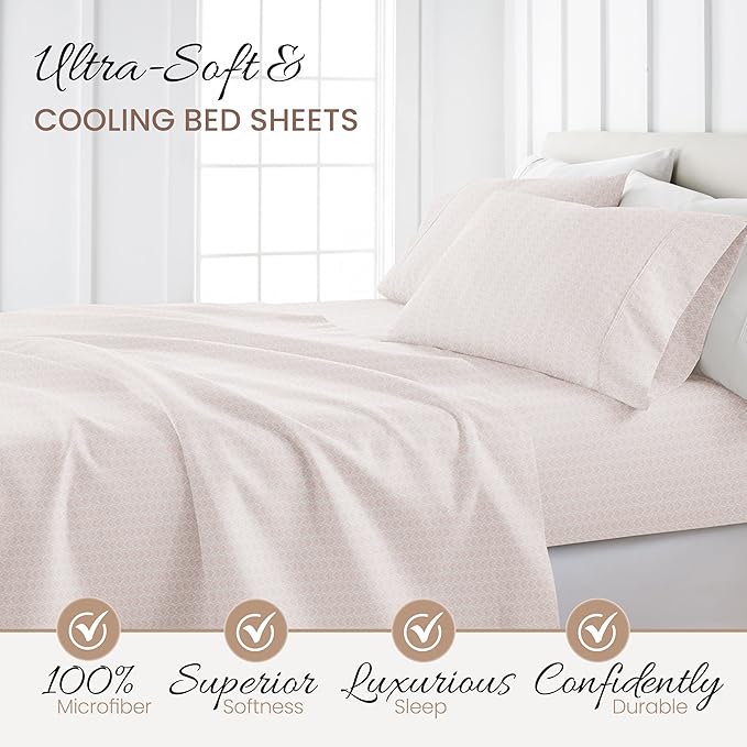 Linen Market Patterned Microfiber King Sheet Set 4 Piece – Oeko-TEX Certified Ultra Soft & Wrinkle-Free - 16" Deep Pocket Sheets - Easy Care King Size - Classic in Pink