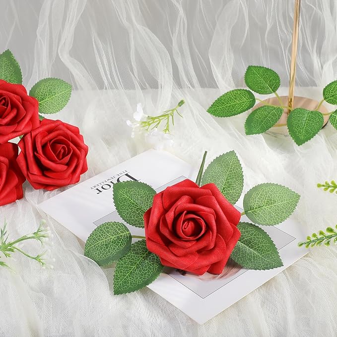 AmyHomie 25pcs Real Looking Artificial Red Roses w/Stem for DIY Wedding Bouquets Centerpieces Arrangements Party Baby Shower Valentines Day Christmas Tree Decorations