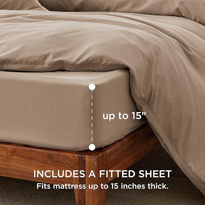 Bedsure Duvet Cover Queen Size with Fitted Sheet - 4 Pieces Prewashed Cotton-Like Extra Soft Bedding Set, Includes 1 Duvet Cover 90x90 Inches, 2 Pillow Shams, 1 Fitted Sheet, Deep Beige