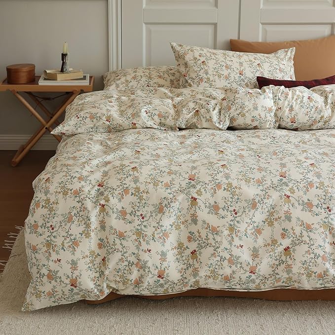EAVD Vintage Botanical Floral Duvet Cover King - Soft Cotton Chic Shabby Garden Bedding Set With 2 Pillowcases, Fresh Reversible Comforter Cover With Zipper Closure