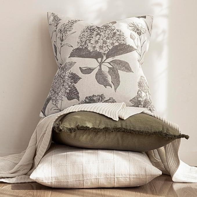 Foindtower Set of 2 Linen Floral Throw Pillow Covers Vintage Accent Print Decorative Cushion Covers Farmhouse Boho Home Decor for Sofa Chair Couch Bedroom Living Room,24×24 Inch,Light Gray