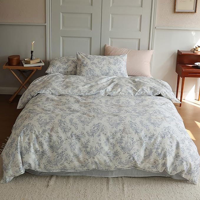 HighBuy Vintage Floral Girl Duvet Cover Twin Boho Flower Print Bedding Set Country Style Floral Comforter Cover with 2 Pillowcases Cozy Cotton Cottagecore Chic Flower Bedroom Collection Twin