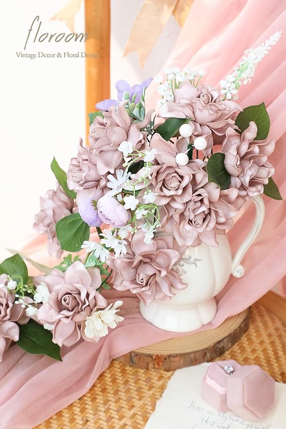 Floroom Artificial Gardenia Flowers 2.7" 25pcs Real Looking Dusty Rose Foam Fake Flowers with Stems for DIY Wedding Bouquets Bridal Shower Centerpieces Floral Arrangements Party Tables Decorations