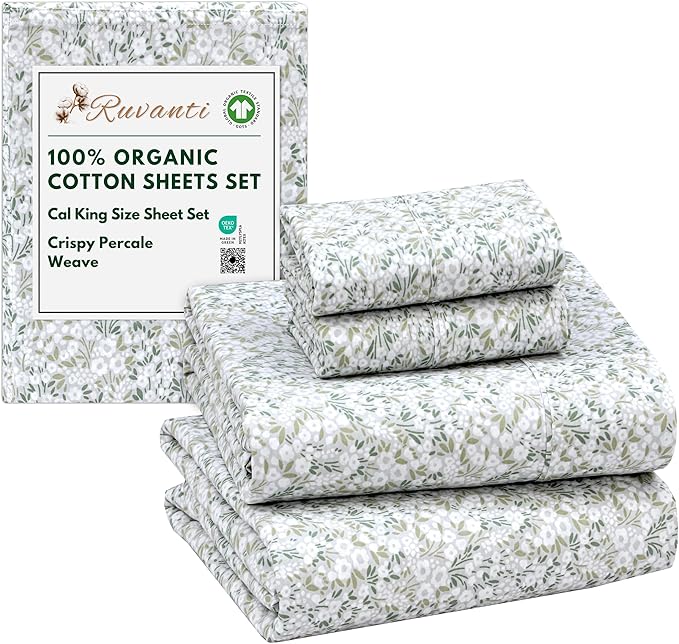 RUVANTI 100% Organic Cotton Sheets California King, Percale Weave, GOTS Certified, 4-Piece Set, Deep Pocket 13", Crisp & Breathable, Soft Durable Bedding, Sábanas Algodón Orgánico – Floral Rush
