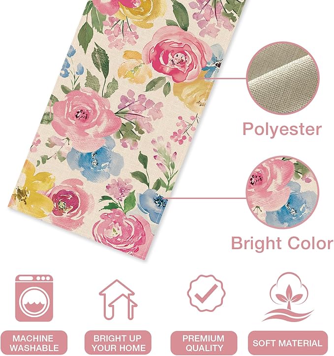 Seliem Spring Summer Watercolor Flower Table Runner, Peony Floral Kitchen Dining Table Decor, Seasonal Burlap Home Decoration Indoor Outdoor Party Supply 13 x 36 Inches