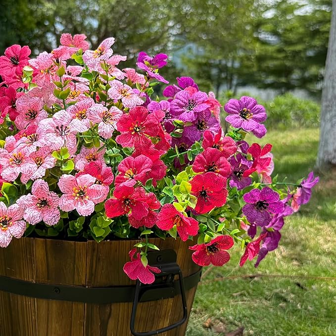 12 Bundles Artificial Flowers for Outdoor,No Fade UV Resistant Fake Flowers,Faux Plants for Outside Hanging Planters,Artificial Plants for Porch Garden Home Wedding Decor(Fuchsia,Purple,Pink)