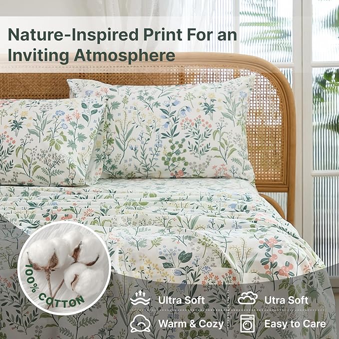100% Cotton Sheet Set King Size – 4-Piece Vintage Green Garden Floral Bedding Set, Soft Breathable Percale Weave, Deep Pocket Fitted Sheet 17.5", Crisp Cool Feel, Refined Botanical Elegance