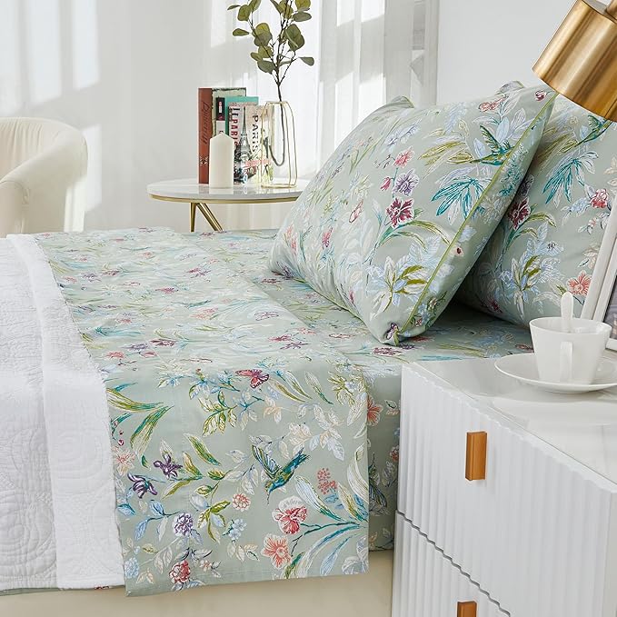 Brandream Bed Sheets Garden Style Butterfly Floral Bedding Elegant Watercolor Painting Farmhouse Queen Size Sheets Set Luxury Bedding Collections 100% Egyptian Cotton Deep Pocket, 4 Piece Green