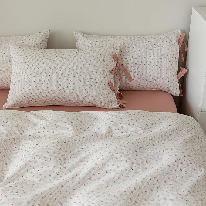 VM VOUGEMARKET Pink Floral Comforter Set King Bed in a Bag Pink Stripes Bedding Set 3 Pieces for All Seasons,Soft Comfy Girls Comforter with 2 Bowknot Pillowcases