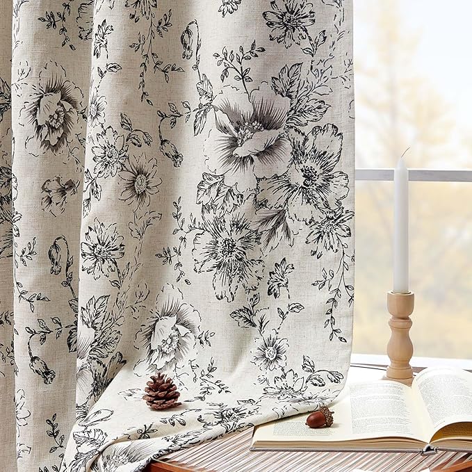jinchan Blackout Linen Blend Curtain Floral Blackout Curtains for Living Room 90 Inch Length Black Printed with Lined Blackout Curtain for Bedroom Farmhouse Curtains Set 2 Panels