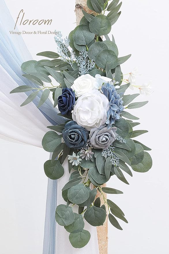 Floroom Arch Flowers with Drapes Kit (Pack of 4) - 2pcs Artificial Dusty Blue & Navy Blue Floral Swag Arrangement with 2pcs Draping Fabric for Wedding Ceremony Arbor and Reception Backdrop Decoration