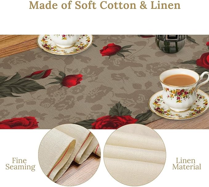 Red Rose Print Table Runner, Romantic Vintage Rose Spring Summer Dinner Runner Table Decoration for Home Kitchen Dining Holiday Wedding Party 13x60in