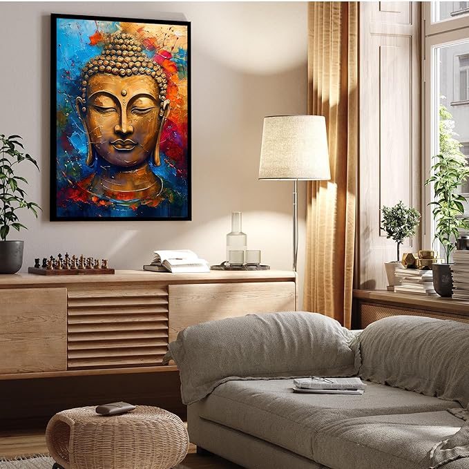 Golden Serenity Buddha Vintage Painting Wall Art Spirituality and Modern Art Wall Decor Adds Brilliance to Vibrant Home Decor 20x30in Metal blackFramed