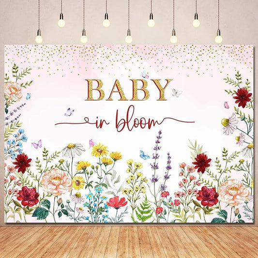 Wildflower Baby in Bloom Baby Shower Backdrop Party Decorations for Girl,Watercolor Pink Floral Wild Flowers Theme Baby in Bloom Baby Shower Banner Backdrops Background Photo Booth Props 7x5ft