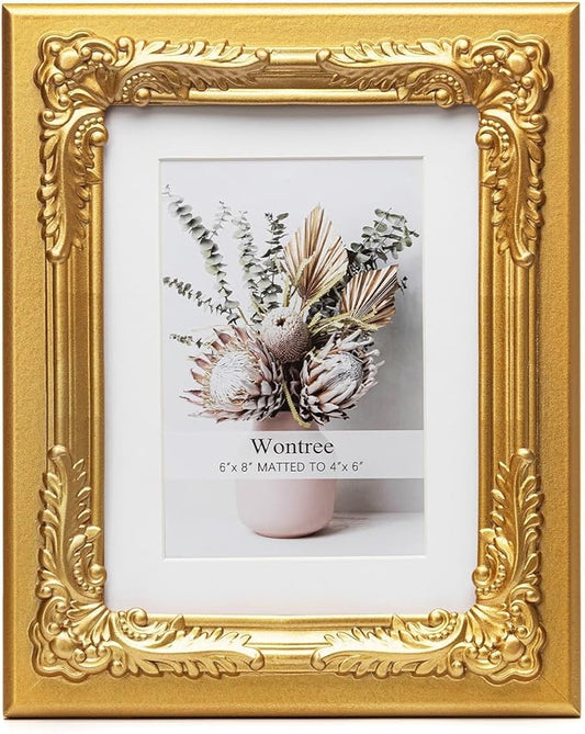 6x8 Gold Picture Frame with Baroque Flower Trim, Solid Wood with Real Glass, Display 6x8 Photos Matted to 4x6, Vertical and Horizontal Desk Tabletop or Wall Hanging，Ornate Vintage Style
