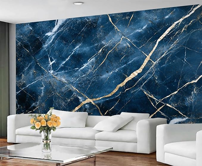 Blue Marble Wall Mural, Gold Vein Marble 3D Wall Murals, Luxury Navy Stone Wallpaper Mural, for Living Room Bedroom Large Wallpaper Indoor Decor 98.4" W x68.9 H