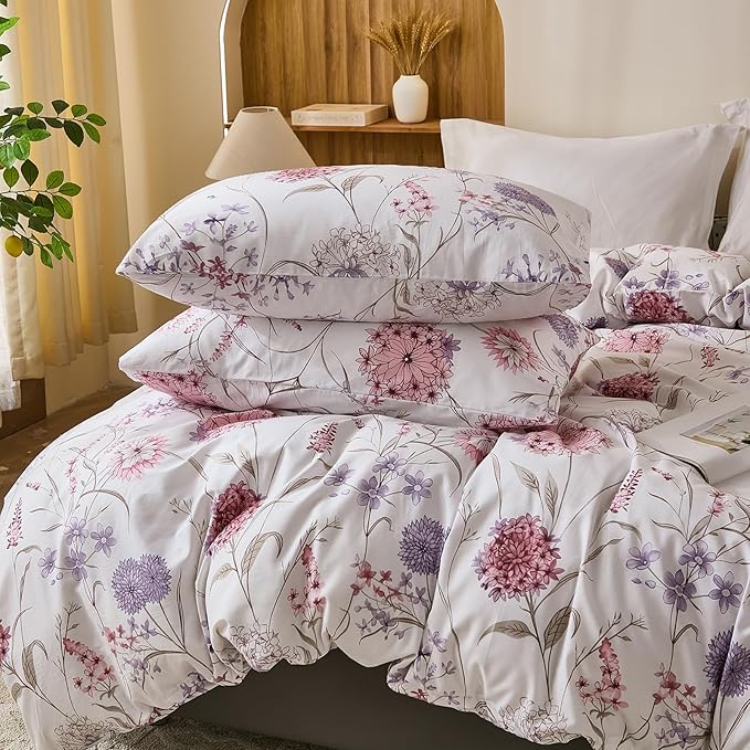 Bedding_Dreamer Queen Floral Comforter Set 100% Cotton Comforter 3 Pcs Red Pink Flower Bedding Set Lightweight Soft Reversible Bedding for All Season