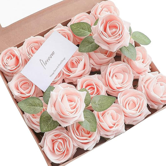 Floroom Artificial Flowers 20pcs Real Looking Blush High-Centered Foam Fake Roses with Stem for DIY Wedding Bouquets Pink Bridal Shower Centerpieces Floral Arrangements Party Tables Home Decorations