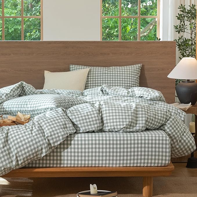 MooMee Gingham Duvet Cover Set 100% Washed Cotton Linen Like Textured Breathable Durable Soft Comfy Modern Checkered Design (Sage Green Gingham, Queen 90"x90")