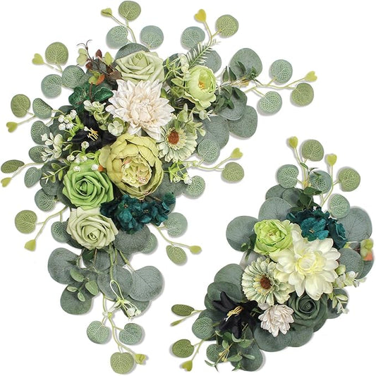 Artificial Wedding Arch Flowers for Wedding Sign,Set of 2 for Wedding Welcome Ceremony Sign,Faux Floral Swags,Wedding, Banquet and Reception Backdrop Floral Decoration (Dark Green)